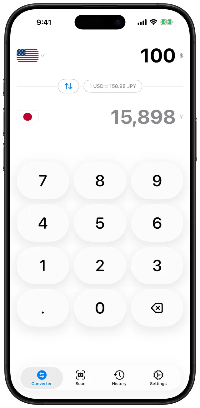 JPY Converter main screen converting a US dollar amount into Japanese yen with a number keypad