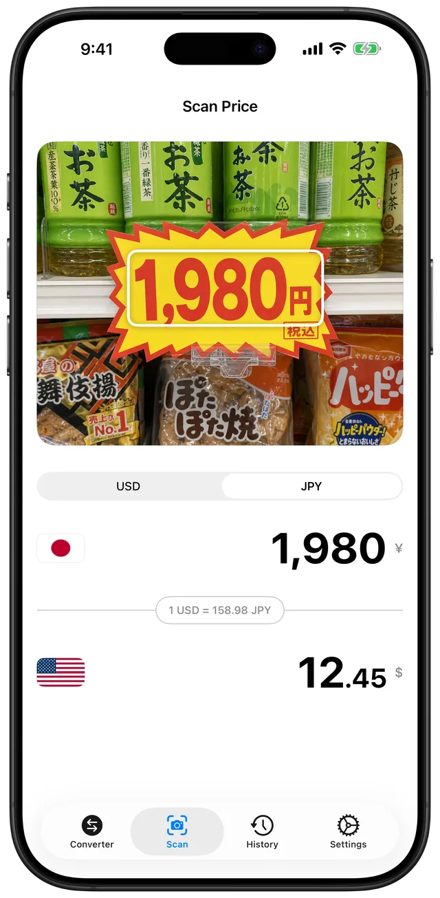 Camera view scanning a Japanese shop price tag reading ¥1,980 and showing the converted amount
